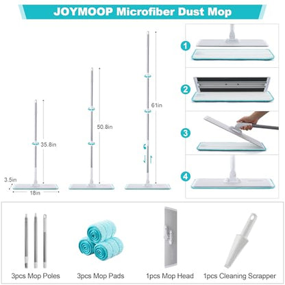 JOYMOOP 18 Inch Grey-White Microfiber Dust Mop for Hardwood Floors, Heavy Duty Industrial Wet Dry Mop with Telescopic Handle, Includes 3 Mop Pads
