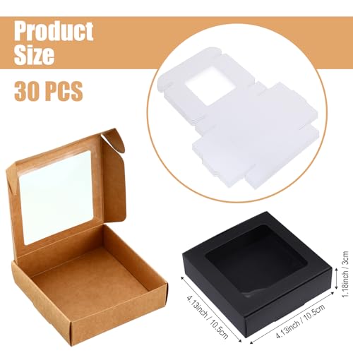 Zonon 30 Pcs Kraft Paper Boxes with Window 4.13 x 4.13 x 1.18inch (3 Color) - color: Brown, Black, White