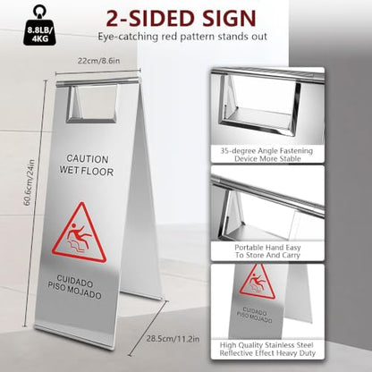 24In Stainless Steel Wet Floor Caution Folding Bilingual Warning Sign (4)