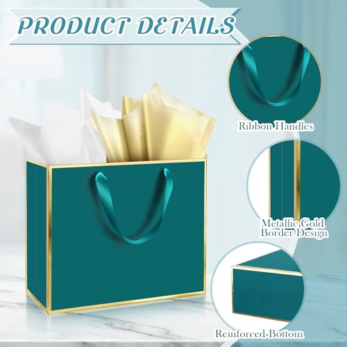 ReliThick 12 Pack Paper Gift Bag with Handles & Tissue, Turquoise,Gold - color: Turquoise,Gold