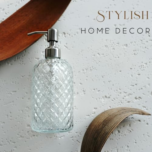 JASAI 18Oz Gem Patterned Clear Glass Soap Dispenser with Rust Proof Pump - color: Clear