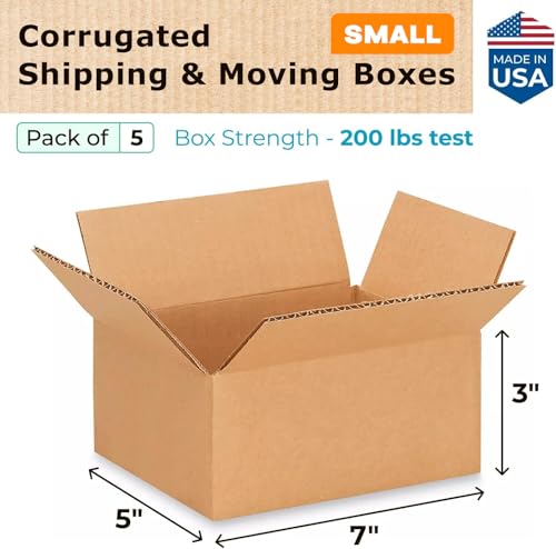 Small Moving & Shipping Boxes 7 x 5 x 3 inches (5-Pack) - Extra Strength 200 lb vs Regular - Corrugated Moving Boxes for USPS/FEDEX - Easy-to-Recycle Shipping Box - Packing Box by IDL Packaging - size: 7 * 5 * 3" (Small Boxes)