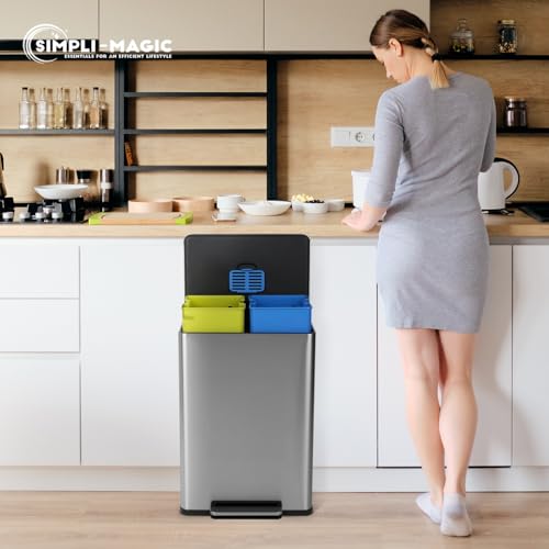 Simpli-Magic 16 Gallon (60L) Step Trash Can – Dual Compartment Kitchen Garbage Can – Waste & Recycling Bins, Slow-Close Lid, Odor Control, Hands-Free, Easy to Clean, Infinity Edge Stainless Steel - size: 60 L