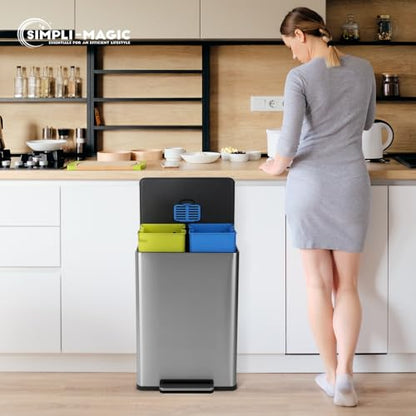 Simpli-Magic 16 Gallon (60L) Step Trash Can – Dual Compartment Kitchen Garbage Can – Waste & Recycling Bins, Slow-Close Lid, Odor Control, Hands-Free, Easy to Clean, Infinity Edge Stainless Steel - size: 60 L