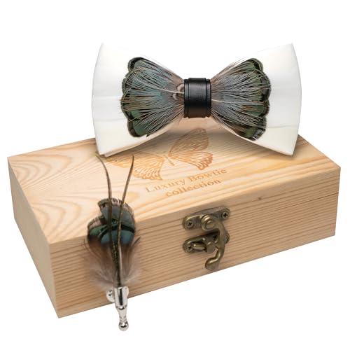 RBOCOTT Handmade Feather Pre-tied Bow tie and Brooch Sets for Men - color: White/Green