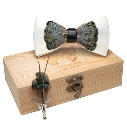 RBOCOTT Handmade Feather Pre-tied Bow tie and Brooch Sets for Men - color: White/Green