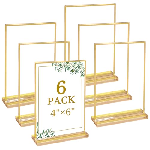 Floroom 6 Pack 4x6 Inch Clear Acrylic Sign Holders, Gold Border Double-Sided Vertical Picture Frames & Display Stands for Table Numbers, Photos, Menus, Flyers, Weddings, Parties & Events - size: 4" × 6"