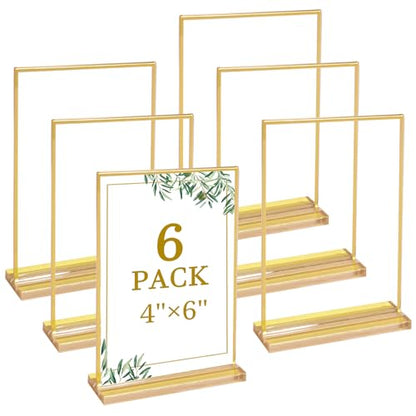 Floroom 6 Pack 4x6 Inch Clear Acrylic Sign Holders, Gold Border Double-Sided Vertical Picture Frames & Display Stands for Table Numbers, Photos, Menus, Flyers, Weddings, Parties & Events - size: 4" × 6"