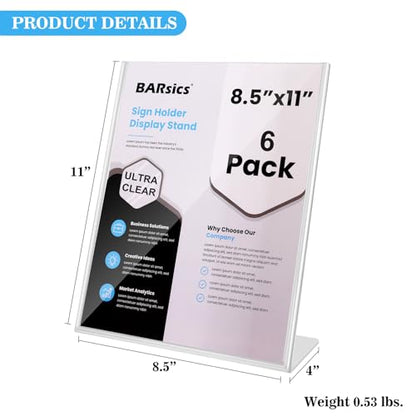 BARsics Plastic Sign Holder 8.5x11 Clear, Top-Load Paper Standing Display (Pack of 6)