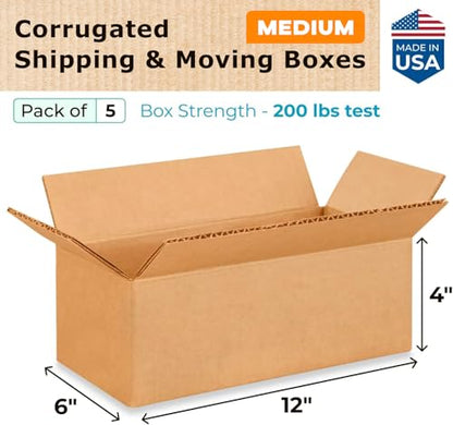 Medium Moving & Shipping Boxes 12 x 6 x 4 inches (5-Pack) - Extra Strength 200 lb vs Regular - Corrugated Boxes for Packaging, Made in USA - Shipping Box - Cardboard Shipping Box by IDL Packaging - size: 12 * 6 * 4" (Medium Boxes)