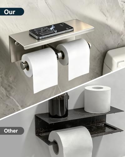 Double Toilet Paper Holder with Shelf Brushed Nickel Tissue Roll Holder - color: Brushed Nickel