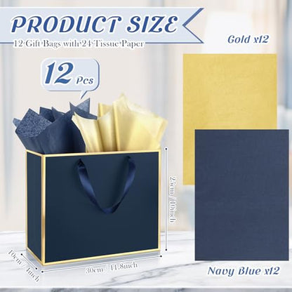 ReliThick 12 Pack Paper Gift Bag with Handles & Tissue, Navy Blue, Gold - color: Navy Blue, Gold