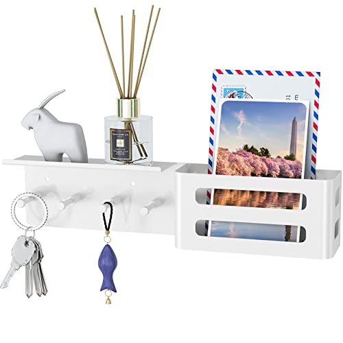 MKO Key Holder Wall Mount, Adhesive Key Hanger with 4 Hooks for Wall, White - color: White with Shelf