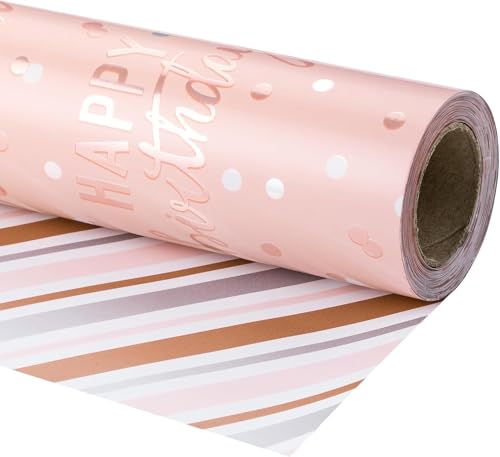 LeZakaa Reversible Pink Birthday Wrapping Paper Roll for Girls Women, Happy Birthday Lettering & Stripe Pattern with Metallic Foil in Pink, Mini Roll, 17 inches x 9.8 Feet - color: Birthday - Metallic Pink, size: 17" X 9.8 ft