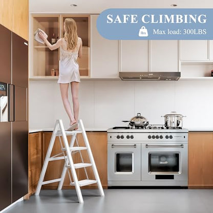4 Step Ladder, Foldable Aluminum Step Stool with Anti-Slip Pedal - color: White, size: 4 Step