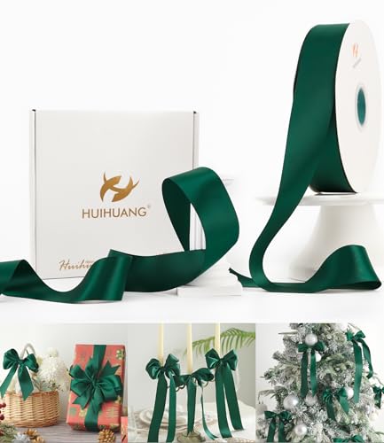 HUIHUANG 1-1/2 inch Dark Green Double-Faced Satin Ribbon Continuous 100 Yds - color: Dark Green, size: 1-1/2 inch