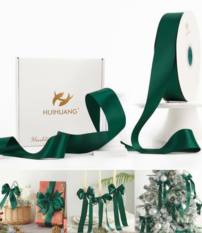 HUIHUANG 1-1/2 inch Dark Green Double-Faced Satin Ribbon Continuous 100 Yds - color: Dark Green, size: 1-1/2 inch