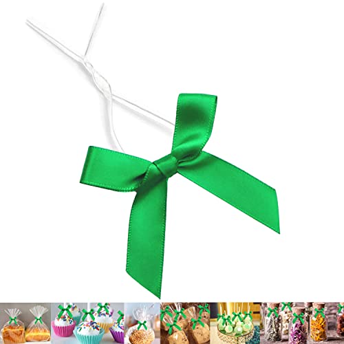 50 Pack Green Pretied Bows, 3" Satin Ribbon Twist Tie Bows for Treat Bags, Pre Tied Ribbon Bows Twist Tie for Crafts, Twist Bows Tied Bows with Wire for Gift Bags, Popcorn Bags, Candy Bags - color: Green, size: 50 Pack