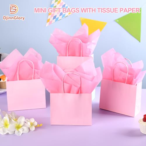 DjinnGlory 24 Pack Mini Tiny Small Pink Paper Gift Bags with Handles 6x5x2.5 Inch and 24 Tissue Paper for Wedding Baby Shower Princess Birthday Party Favors Goodies - color: Pink