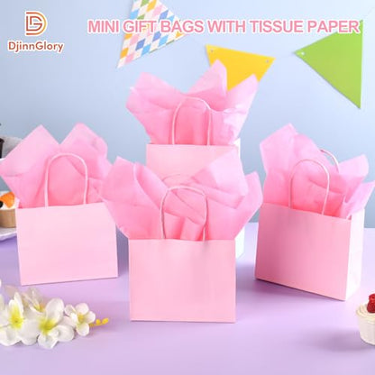 DjinnGlory 24 Pack Mini Tiny Small Pink Paper Gift Bags with Handles 6x5x2.5 Inch and 24 Tissue Paper for Wedding Baby Shower Princess Birthday Party Favors Goodies - color: Pink