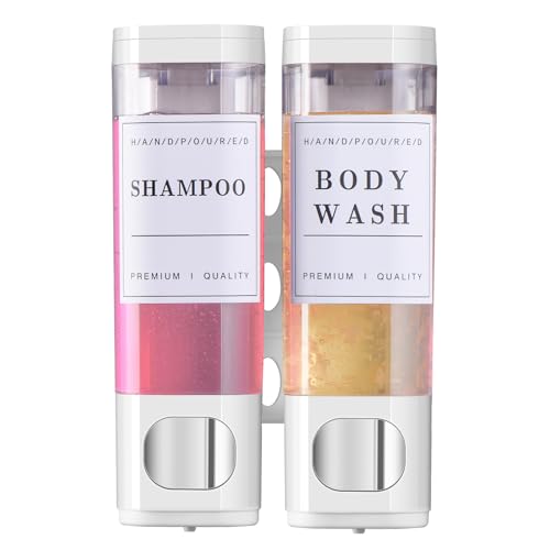 Shampoo and Conditioner Dispenser Bathroom Shower Soap Dispenser Wall Mounted Shampoo Dispenser for Shower Wall No Drill 2 * 350ml White 2 Chamber with Waterproof Labels Self - color: White 2