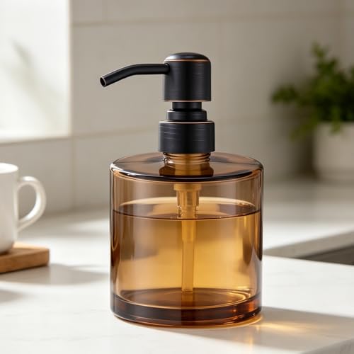 Coffee Glass Soap Dispenser with Rust Proof Stainless Steel Pump, Oil Rubbed Bronze Refillable Liquid Hand Soap Dispenser for Bathroom, Kitchen (11Oz, Round) - color: Oil Rubbed Bronze, size: 11 oz Round