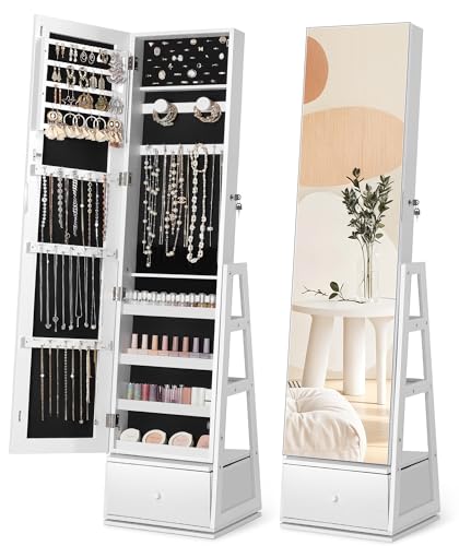 Nicetree 360° Swivel Jewelry Cabinet, Full Length Mirror, Lockable - color: Pure White