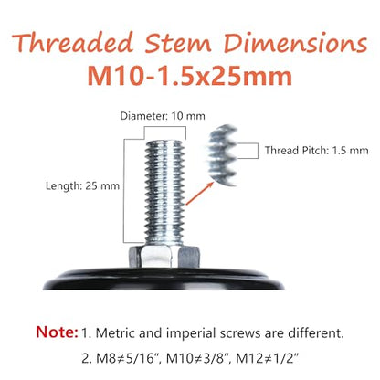 Caster Wheels, 3" Locking Swivel Stem Casters Set of 4, M10-1.5x25mm(Screw Diameter 10 mm, Length 25 mm) Rubber Casters with 360 Degree No Noise Wheels for Furniture - color: M10-1.5x25mm