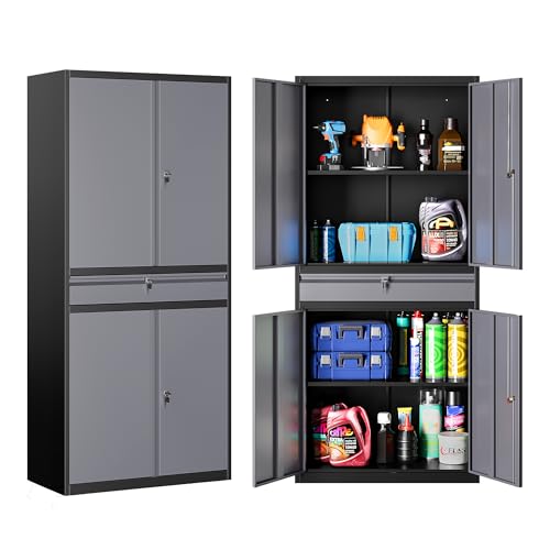 Metal Storage Cabinet with Doors and Shelves,Garage Storage Cabinets with Lock and Drawer,Metal Cabinet with Locking Doors,4 Door Steel Cabinet,71" Tall Lockable Cabinets for Garage,Home,Office - color: Black Gray, size: 71"H x 31.5"W x 16"D