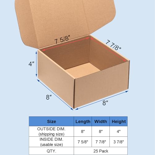 Wowxyz 8x8x4" Shipping Boxes 25 Pack Corrugated Cardboard Brown Box - size: 8x8x4"