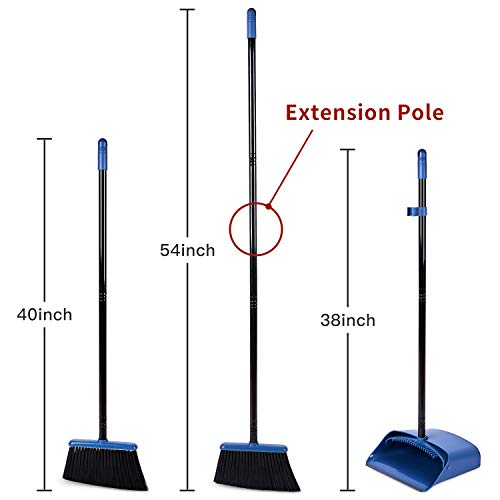 Long Handled Dustpan and Brush, Broom and Dustpan Set, Household Dust pan Combo with 54 Inch Handle for Indoor Outdoor Household Cleaning and Sweeping (Blue) - color: Blue