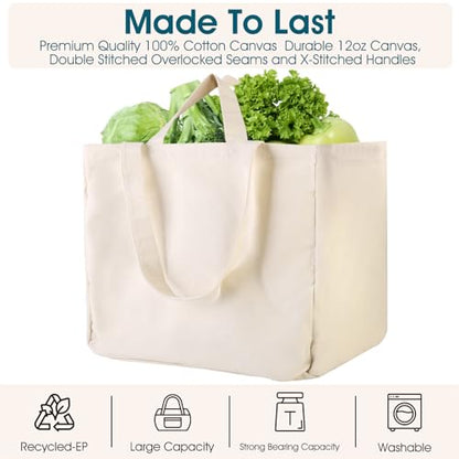 musbus 3-Pack Large Canvas Tote Bag, Reusable Grocery Bags, Heavy Duty - color: Beige