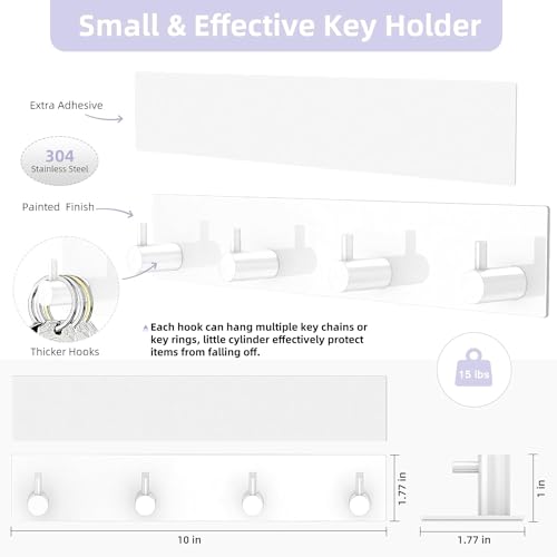 VIS'V Key Holder Wall Mount, Large Adhesive Key Hanger with 4 Hooks, White - color: White