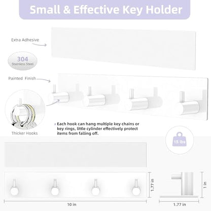 VIS'V Key Holder Wall Mount, Large Adhesive Key Hanger with 4 Hooks, White - color: White