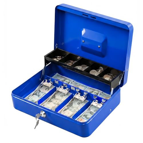 KYODOLED Locking Cash Box with Lock,Money Box with Cash Tray,Lock Safe Box with Key,Money Saving Organizer,11.81Lx 9.45Wx 3.54H Inches,Blue XL Large - color: Blue