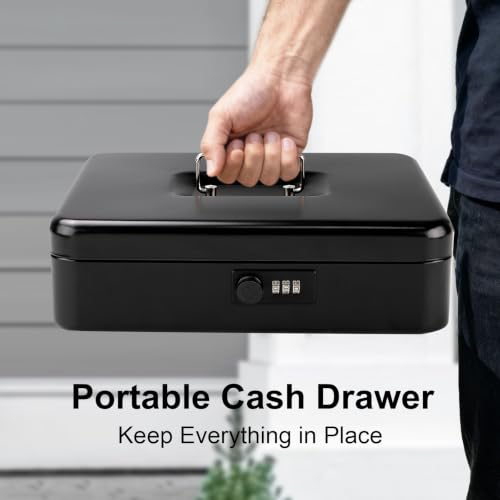 Jssmst Metal Cash Box with Money Tray and Lock, Portable Cash Drawer, 11.8" - color: Black Code-A