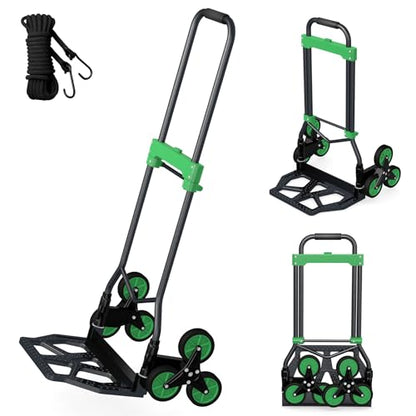 Heavy-Duty 330LB Capacity Hand Truck with Stair-Climbing Wheels & One-Touch Retractable Handle - Q235 Steel Collapsible Dolly Cart, 4.2-Inch Triple Wheels, Elastic Strap & Sponge Grip (Green) - color: Green