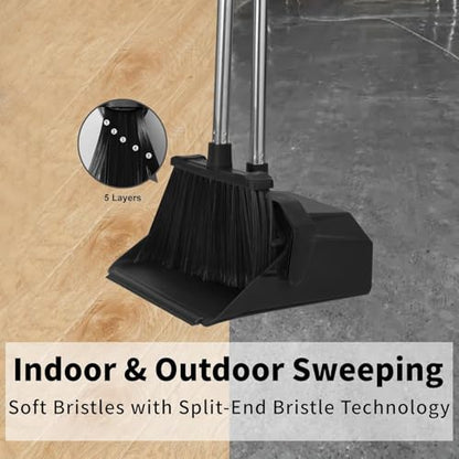 Broom and Dustpan Set for Home, 51" Long Handle Standing Dustpan Black - color: Black