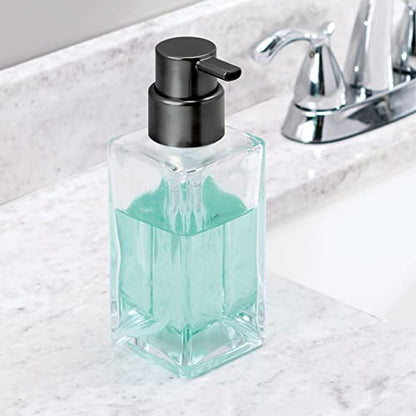 mDesign Glass Refillable Foaming Hand Soap Dispenser Modern Square Pump Bottle for Bathroom Vanities or Kitchen Sink, Countertops - 2 Pack - Clear/Black - color: Clear/Brushed Black