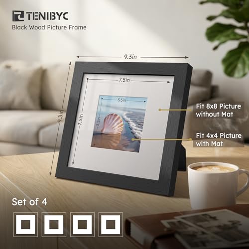 8x8 picture frames 4 Pack, 4x4 Mat, Black Wood, Glass, for Photo - color: Black, size: 8 X 8