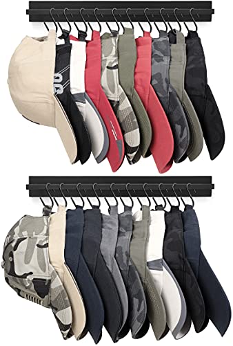 Mkono Hat Rack for Wall Wooden Baseball Caps Organizer with 20 Hooks Rustic Cowboy Hat Hanger Wall Mounted Caps Display Rack for Closet Bedroom Entryway, Set of 2, Black - color: Black