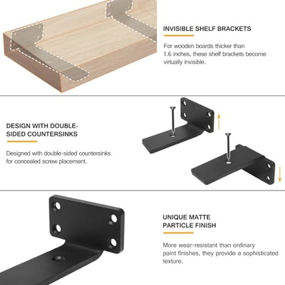 HITOMEN Heavy Duty Floating Shelf Brackets, 4-Inch (1/5'' Thick) Hidden Shelves Hardware, Iron L Brackets, Rustic Industrial Black Metal Wall Shelving Supports, 8 Pack - size: 4 Inch, style: 8 Pack