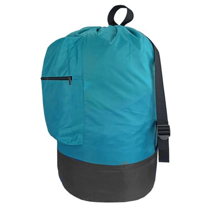 Washable Laundry Bag Backpack with Zipper Pocket, Heavy Duty Clothes Bag, 2 Strong Adjustable Shoulder Straps with Drawstring Closure for Travel, Camping or College, Blue Aqua - color: Blue Aqua with Zipper Pocket