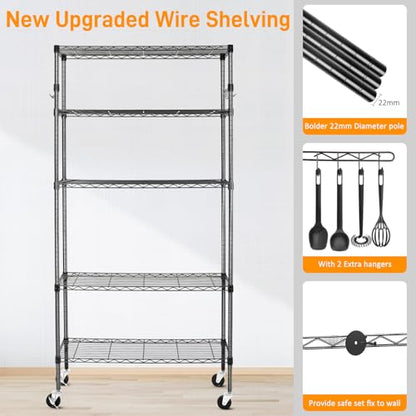 BolDuck 5 Tier Storage Shelves with Wheels, 1750lbs Capacity Heavy Duty Shelving Units, 14x36x75inch Adjustable Metal Shelf Wire Shelving Rack for Garage, Kitchen, Office, Black - size: 5 Tier Shelf