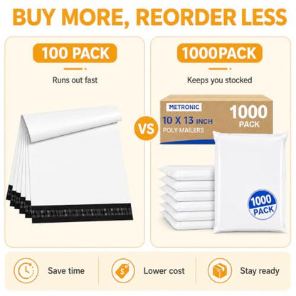 Metronic Poly Mailers 10x13 1000 Pack, Self-Seal Shipping Bags for Clothing - color: White, size: 10X13 1000PC