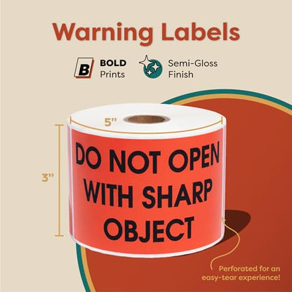 Aegis Adhesives - 3" X 5" Do Not Open with Sharp Object Labels (500 Count) - color: Red (Do Not Open With Sharp Object)