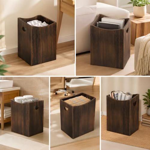 Vrisa Wood Trash Can 5.3 Gallon Office Wastebasket Farmhouse Rectangular Garbage Can with Built-in Handles Small Trash Can for Bedroom Office Kitchen Bathroom Under Desk Large Storage