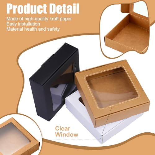 Zonon 30 Pcs Kraft Paper Boxes with Window 4.13 x 4.13 x 1.18inch (3 Color) - color: Brown, Black, White