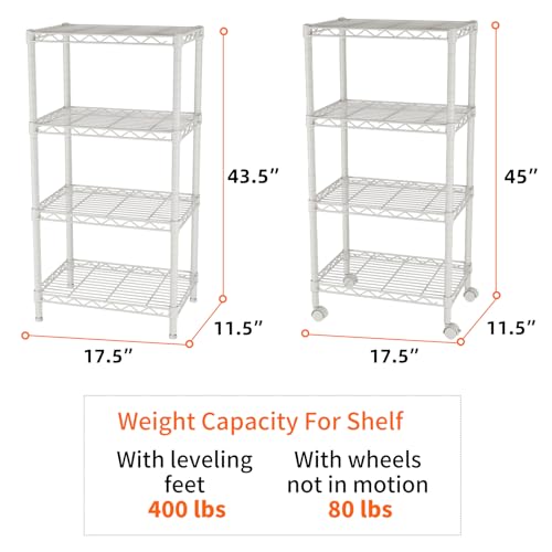SINGAYE 4 Shelves Storage Shelf Wire Shelving Unit Metal Adjustable Wheels - color: White, size: 4Tier/11.5"D X 17.5"W X 45"H