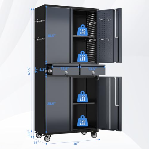 71" Metal Garage Storage Cabinet with 2 Drawers and Wheels - color: Black-dark Gray, size: 16"D x 30"W x 71"H